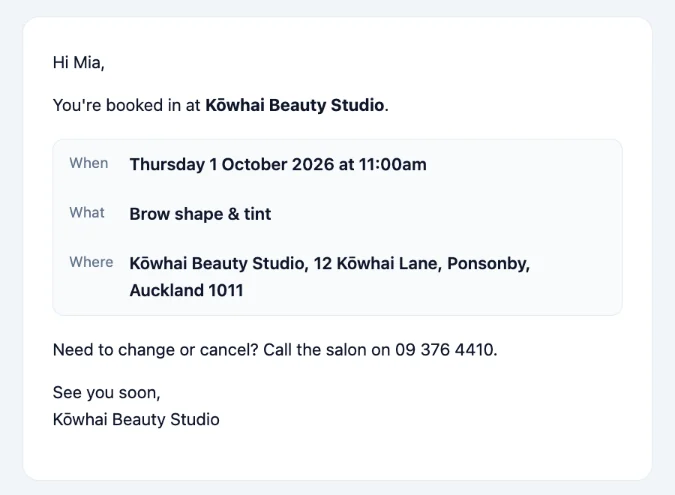 Your booking at Kōwhai Beauty Studio is confirmed
