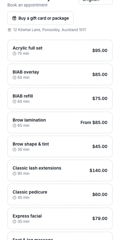 A "from" price for services without a fixed one — Result — "From $85.00" on the booking page — Phone