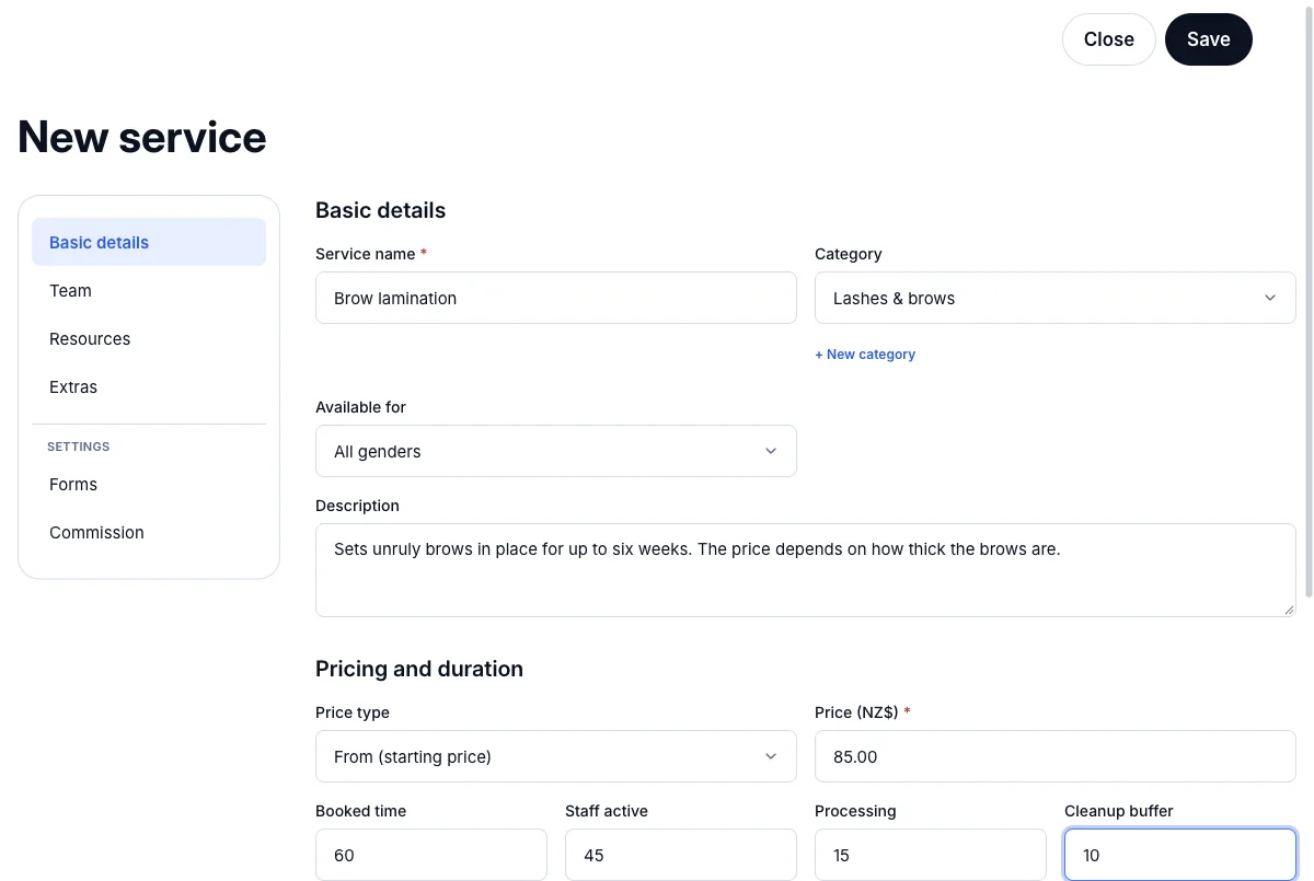 Services, categories, prices and durations — New service — Brow lamination — Computer