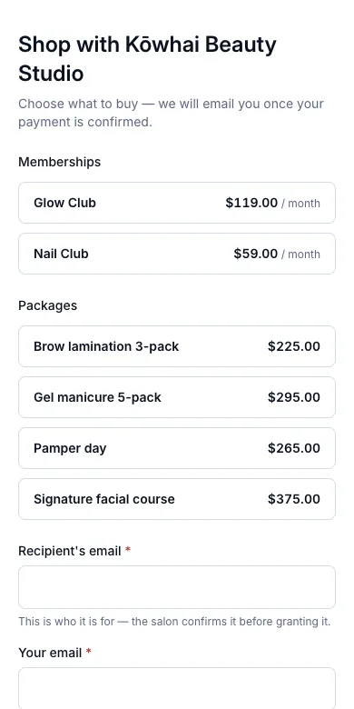 Prepaid service packages — In the salon's online shop — Phone