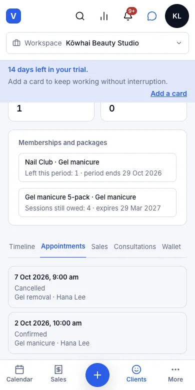 Treatment history and spending history — Appointments — one confirmed, one cancelled — Phone