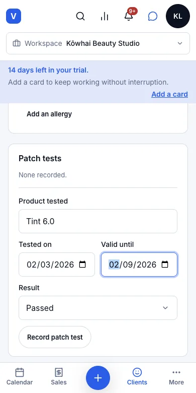Patch tests, which read as absent once expired — A tint test from March, valid until September — Phone