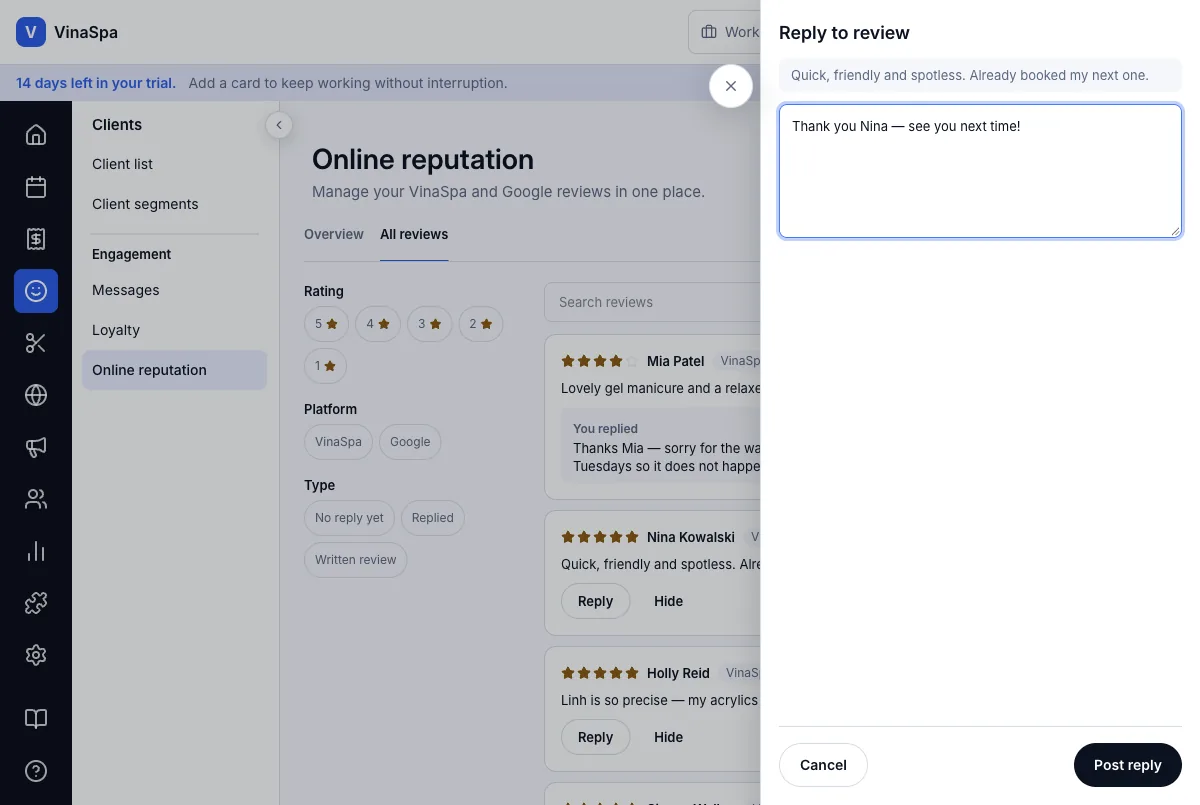 Client reviews, with salon replies — Answering Nina Kowalski — Computer
