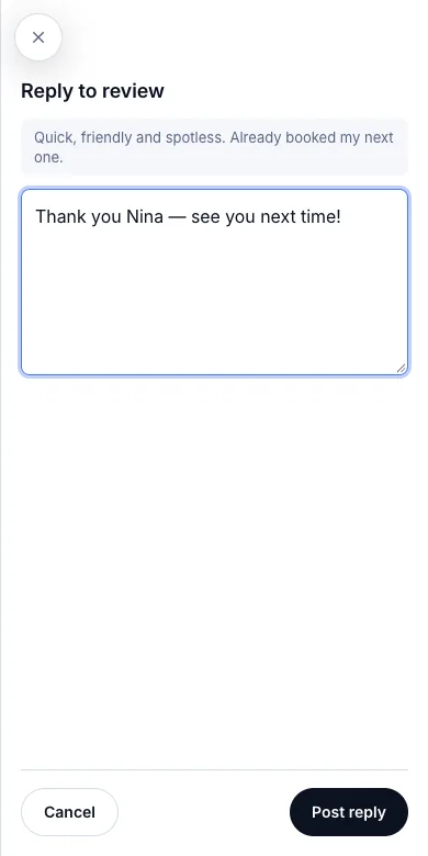 Client reviews, with salon replies — Answering Nina Kowalski — Phone