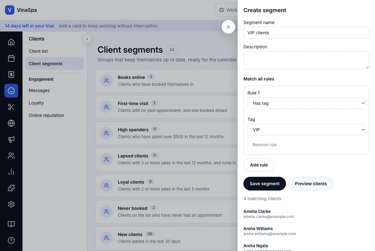 Self-updating client segments (new, lapsed, birthdays and so on) — Has tag VIP — the preview under the rules — Computer