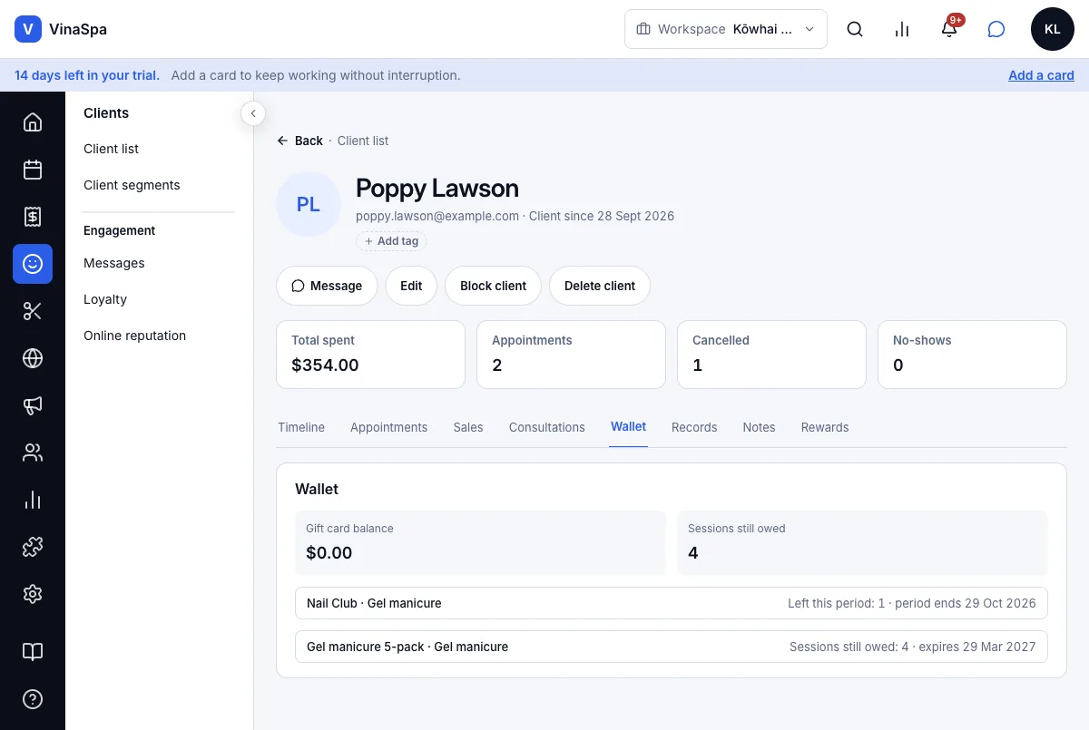 Client wallet: gift card balance plus remaining sessions — Poppy Lawson's wallet — Computer