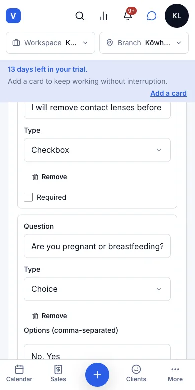 Build your own form, with several question types — Adding "Are you pregnant or breastfeeding?" — Choice, required — Phone
