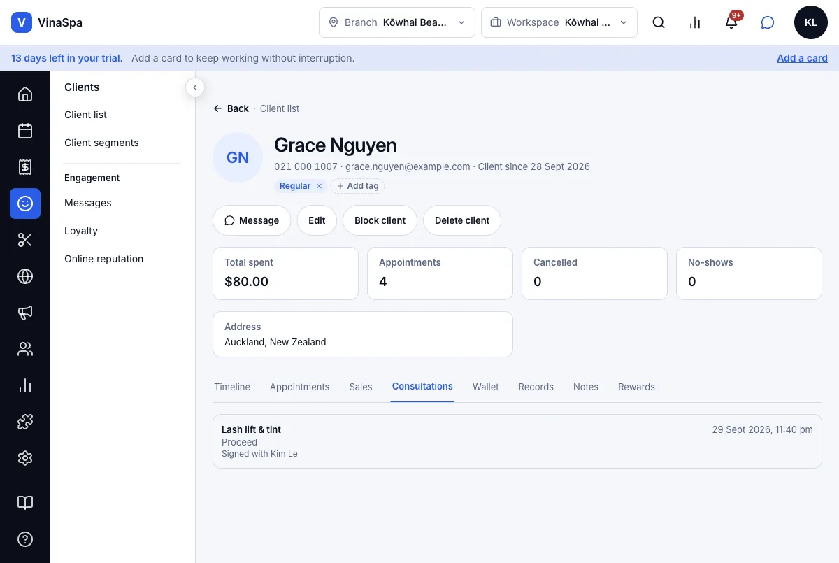 A saved form is read-only; a correction means a new one — The client's Consultations tab — Computer