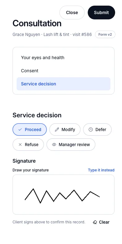 The client signs by hand or types their name — Proceed, and a signature drawn in the box — Phone