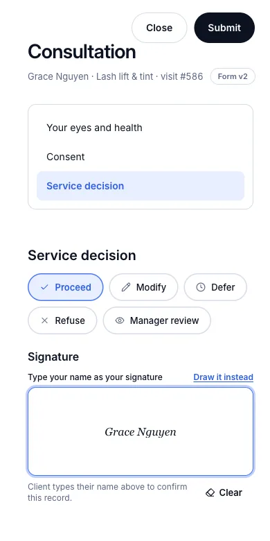 The client signs by hand or types their name — Or: the client types their name instead — Phone