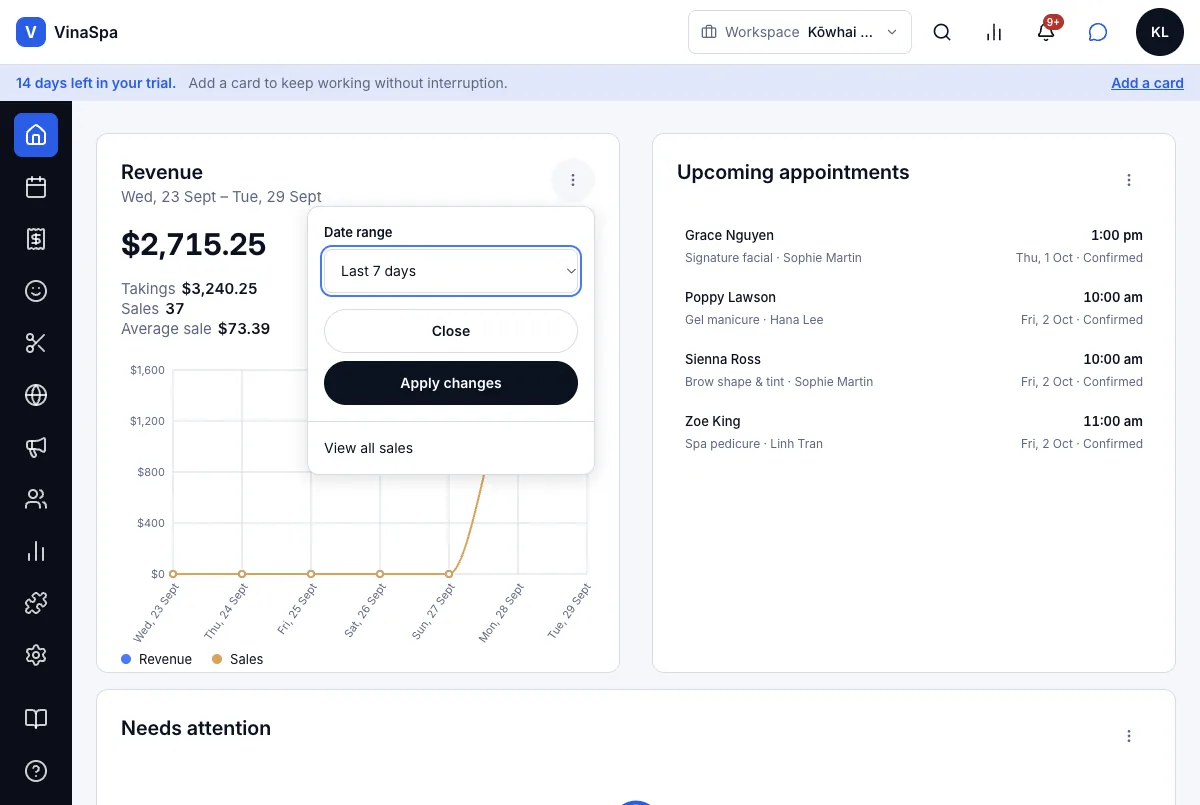 Revenue for the last 7, 14, 30 or 90 days — Revenue options — date range and View all sales — Computer