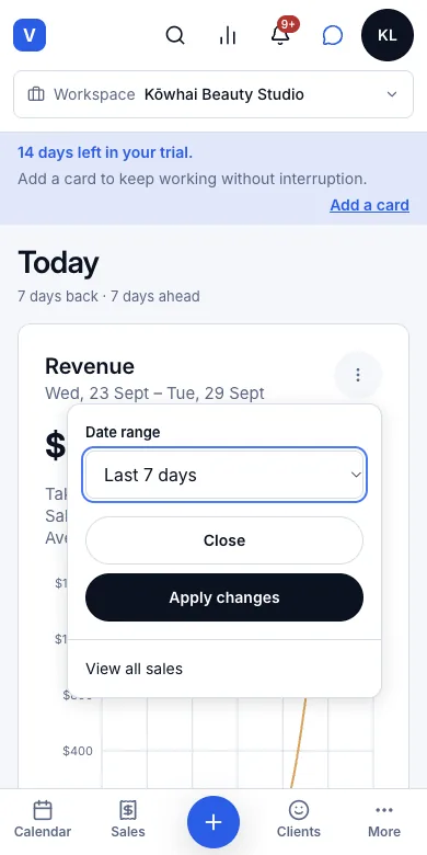 Revenue for the last 7, 14, 30 or 90 days — Revenue options — date range and View all sales — Phone