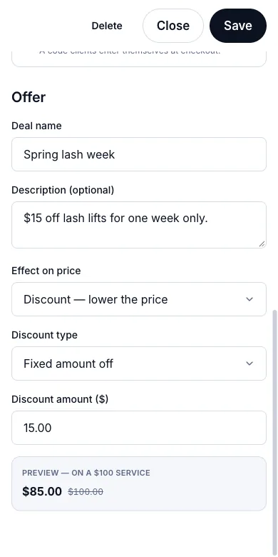 Flash sales over a date range — Flash sale — $15 off — Phone