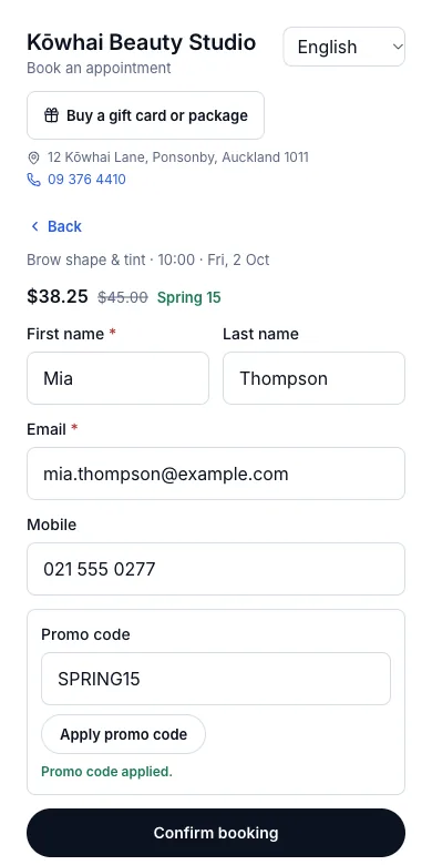 Promo codes a client types in — SPRING15 applied — $45.00 becomes $38.25 — Phone