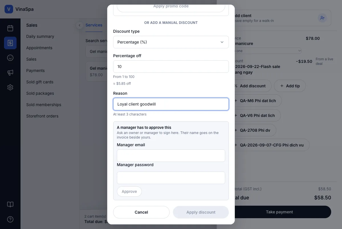 Discount approval by permission — A front-desk login — a manager has to approve this — Computer