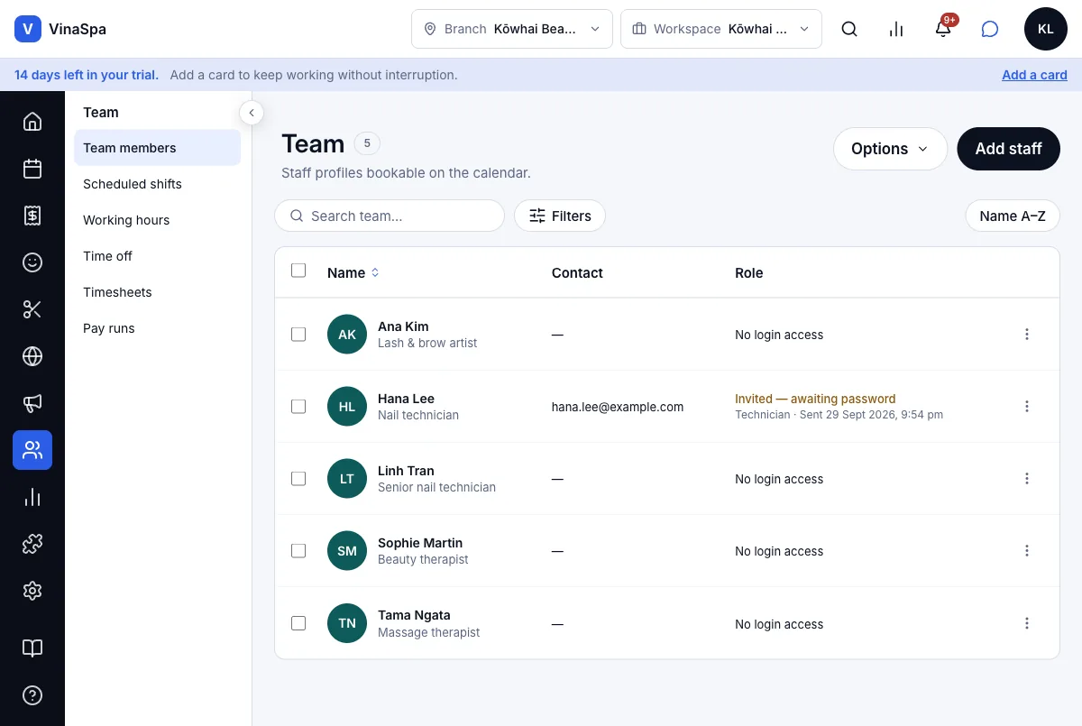 Create accounts and invite staff by email — Result — invited, awaiting password — Computer