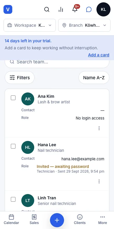Create accounts and invite staff by email — Result — invited, awaiting password — Phone