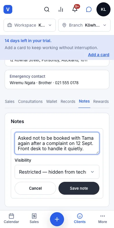 Restricted notes a therapist cannot read — Adding a restricted note to Aroha Ngata — Phone