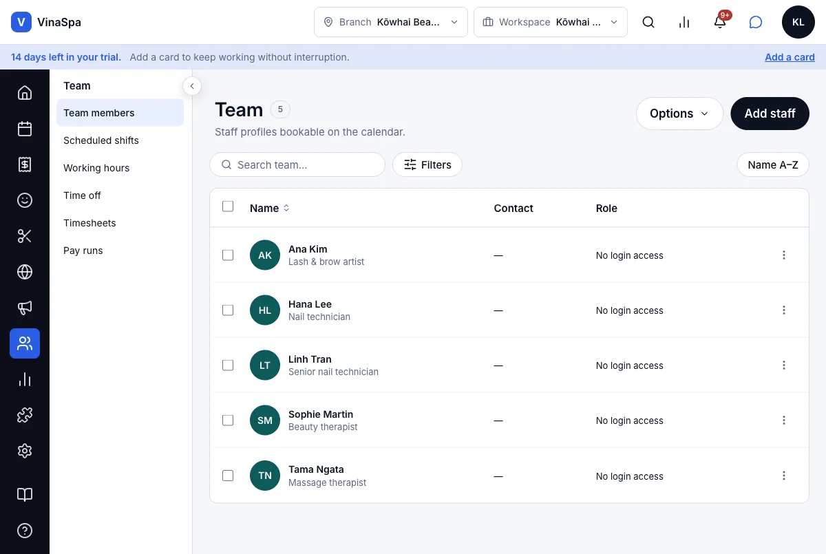 Create accounts and invite staff by email — Team members — nobody can sign in yet — Computer