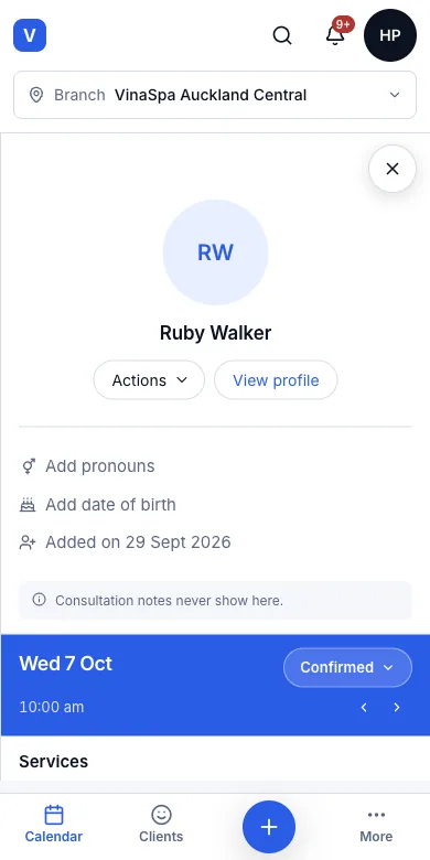 Therapists get their own login and see their own diary — A booking as a therapist sees it — Phone