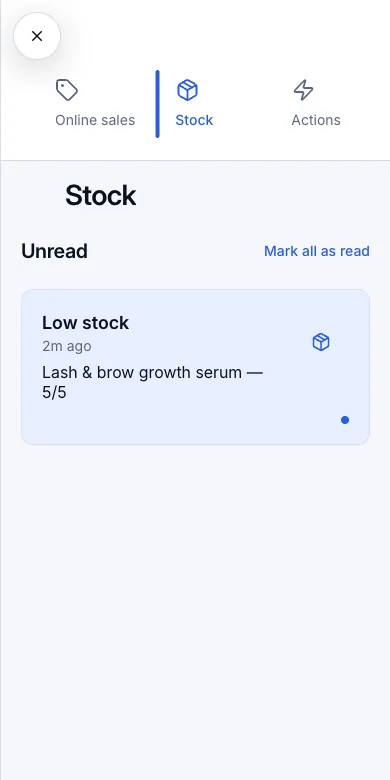 Low-stock warnings at the reorder level — Notifications → Stock — Low stock — Phone
