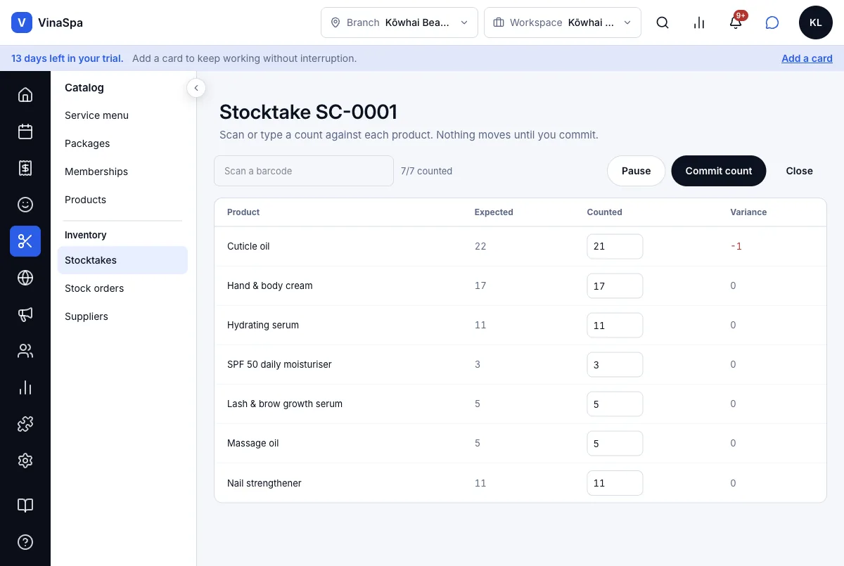 Regular stocktakes — SC-0001 — 7/7 counted, Cuticle oil −1 — Computer