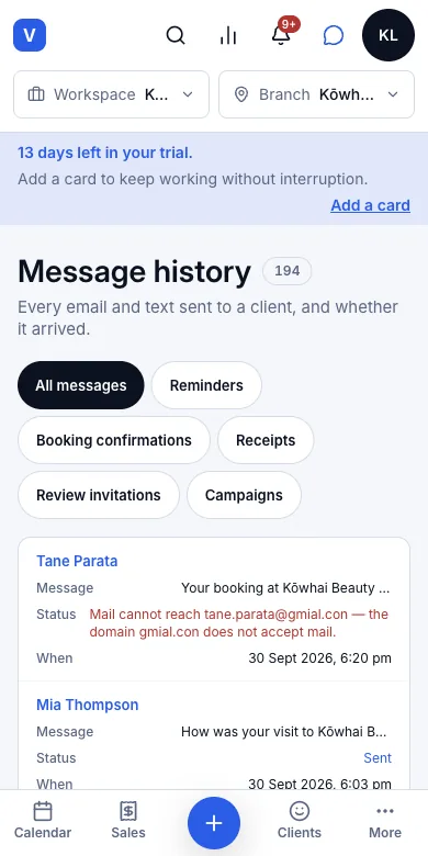 Review everything sent to each client, failed emails included — Message history — a failed confirmation above Mia's sent emails — Phone