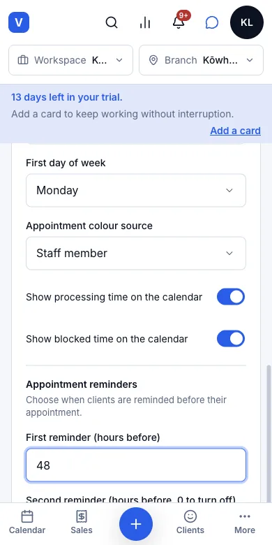 The salon sets how many hours ahead to remind — Appointment reminders — first reminder changed to 48 hours — Phone