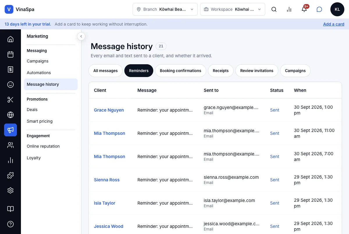 Two automatic reminders (24 hours and 2 hours before) — Message history → Reminders — Mia's two reminders, one for each visit — Computer