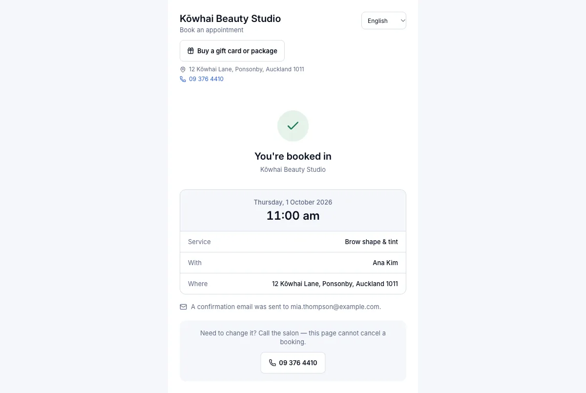 The salon's own booking page — Result — booked in, with the salon's number to call — Computer