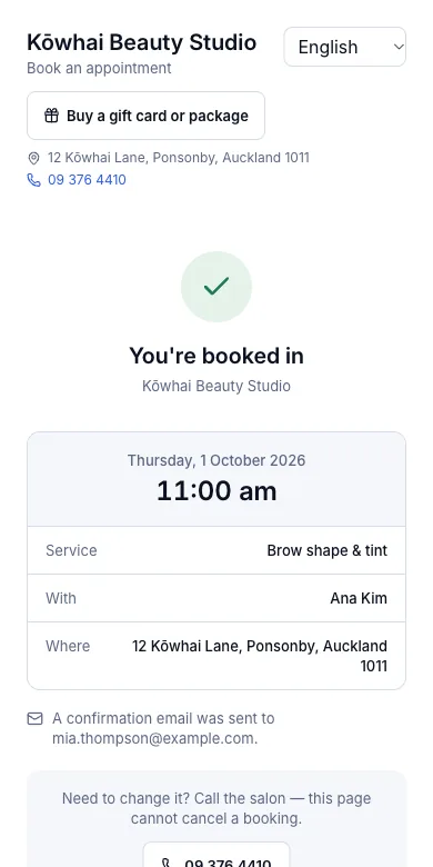 The salon's own booking page — Result — booked in, with the salon's number to call — Phone