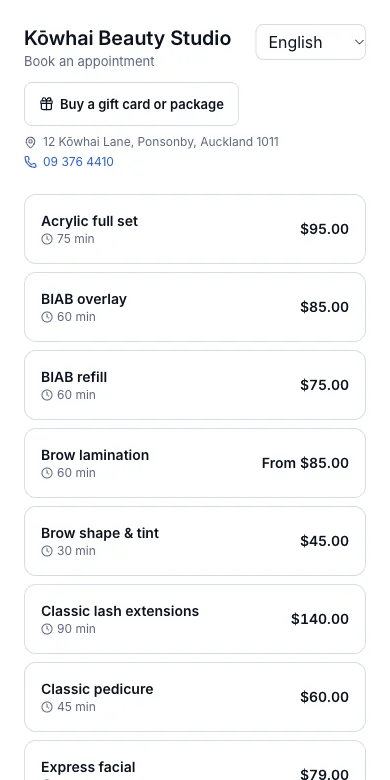 The salon's own booking page — Result — the page clients see — Phone