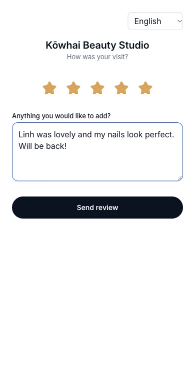 A review page a client can open once — Mia Thompson gives five stars — Phone