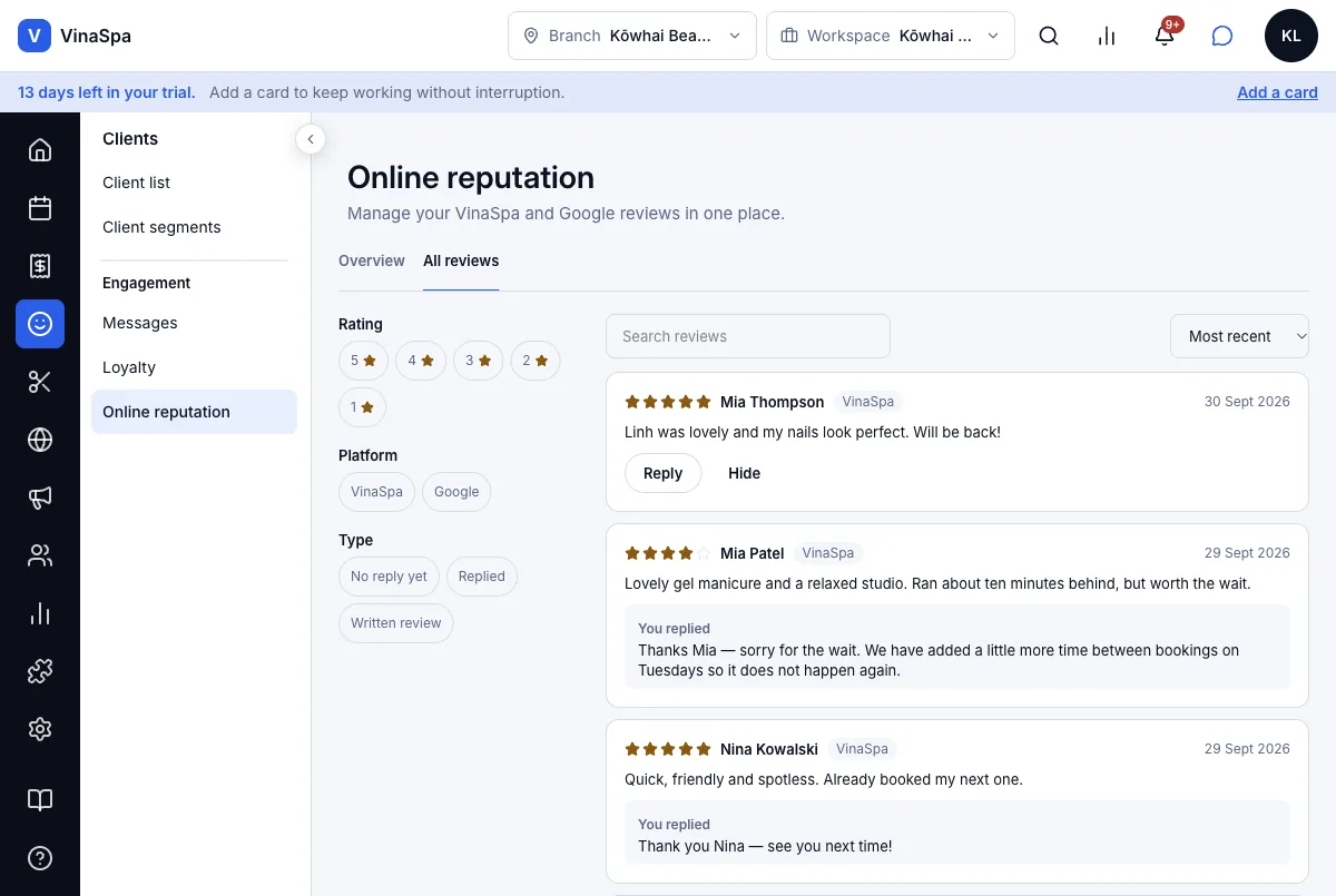A review page a client can open once — Mia Thompson's review at the top of All reviews — Computer