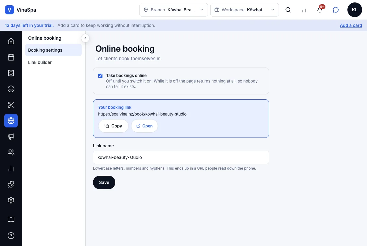 The salon's own booking page — Booking settings — switched on, with the salon's link — Computer