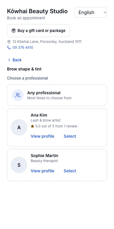 Pick a staff member, or "anyone available" — Result — Any professional, Ana Kim and Sophie Martin for Brow shape & tint — Phone