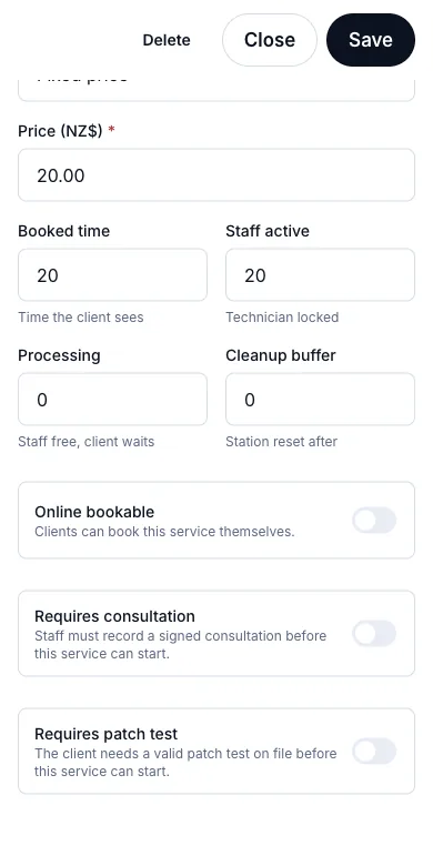 Shows only the services the salon allows online — Gel removal — Online bookable off — Phone