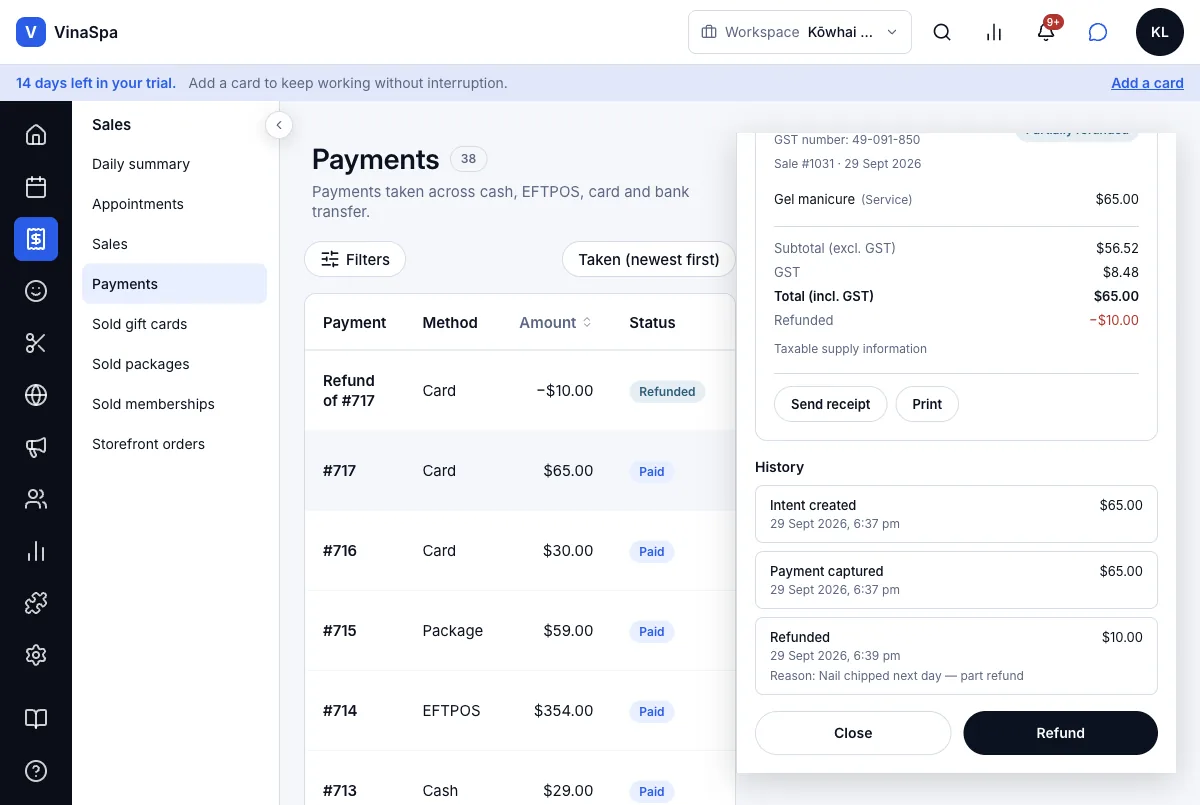 Partial or full refunds — Result — net $55.00, the refund in the history — Computer