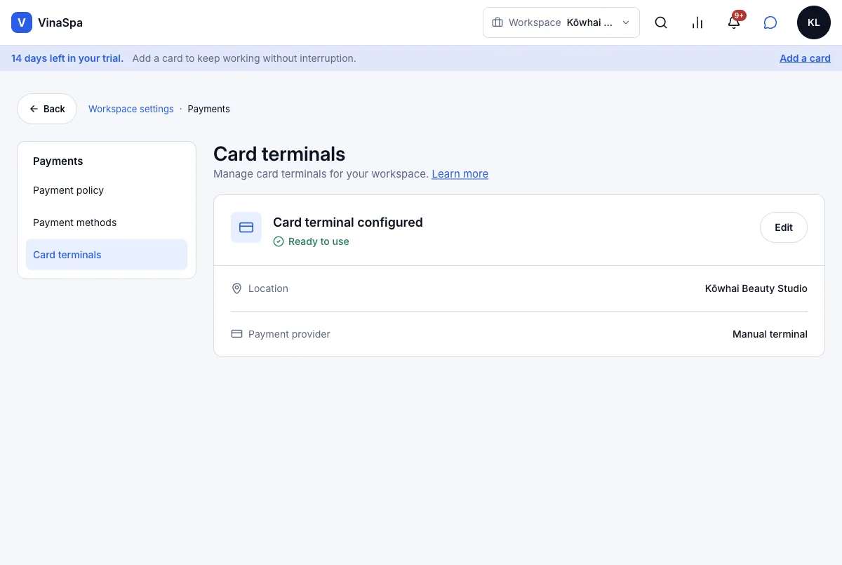 Card payment through Windcave — Result — configured, manual terminal (the demo salon) — Computer