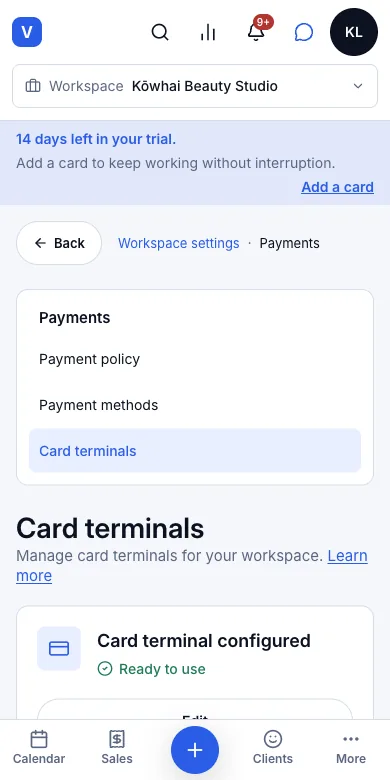 Card payment through Windcave — Result — configured, manual terminal (the demo salon) — Phone