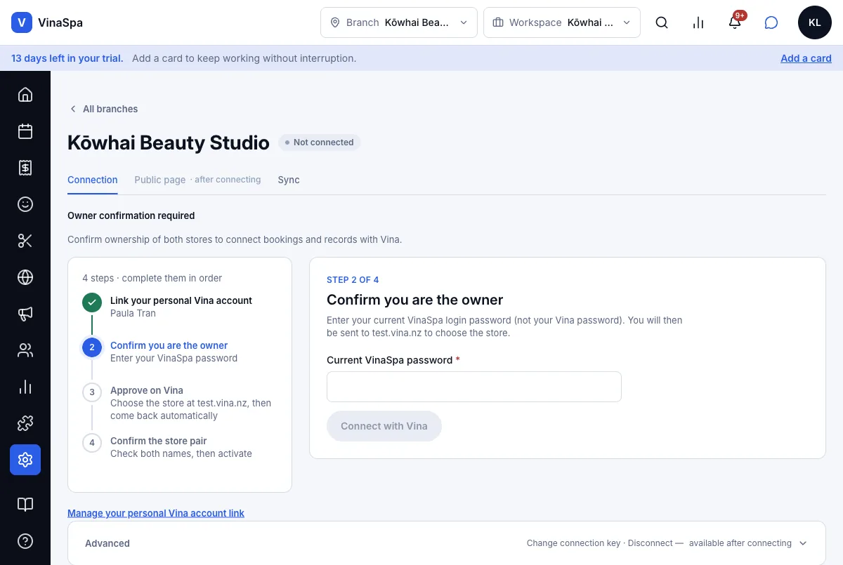 Take bookings from the VinaRewards app — Step 2 of 4 — step 1 ticked, password next — Computer