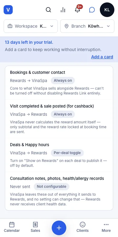 Client health data is never sent to Rewards — What goes to Rewards — health records never — Phone