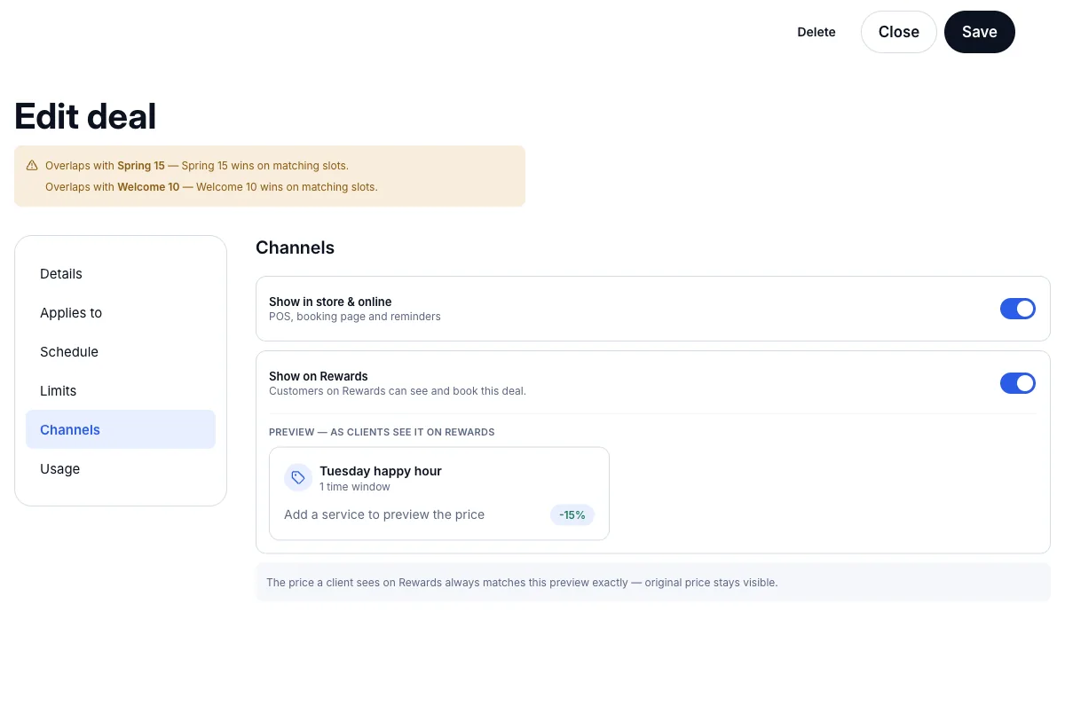 Push deals and free slots to VinaRewards — Channels — Show on Rewards, with the preview — Computer