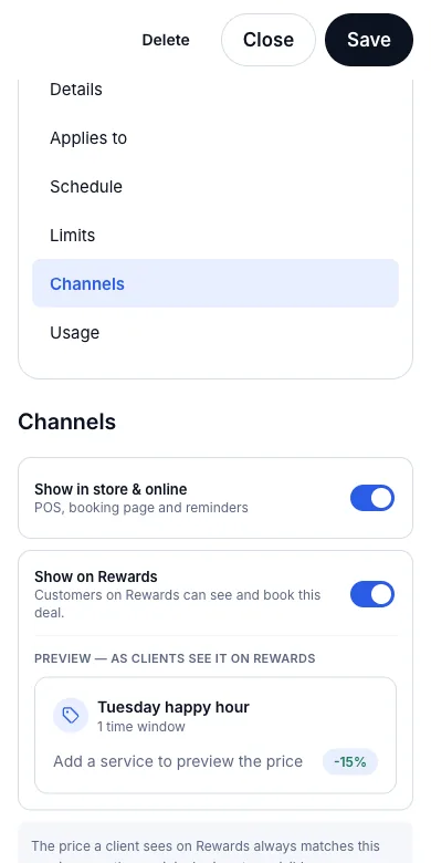 Push deals and free slots to VinaRewards — Channels — Show on Rewards, with the preview — Phone