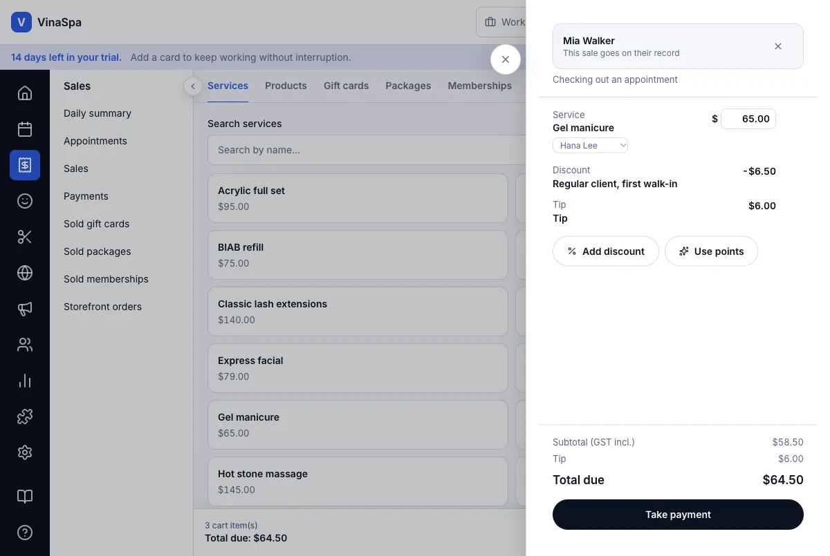Counter sales, split across several payment methods — The till for Mia Walker's gel manicure — discount and tip already added — Computer