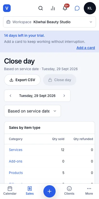Close the day, count the cash, lock the books — Close day — sales by item type — Phone