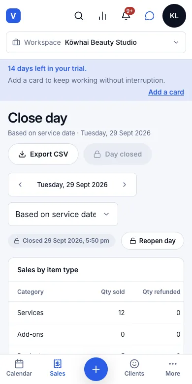 Close the day, count the cash, lock the books — Result — Day closed, 29 Sept 2026, 5:50 pm — Phone