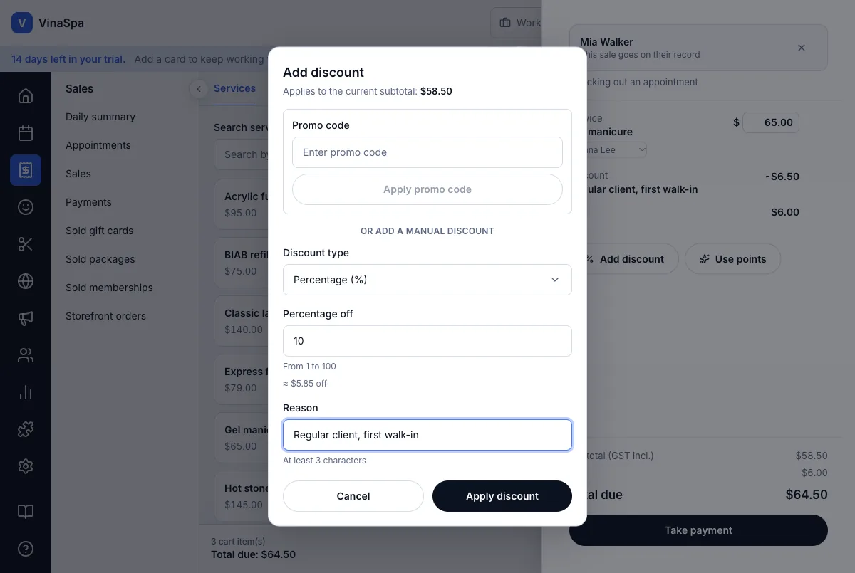 Discounts, permission-controlled and requiring a reason — 10% off, with the reason — Computer