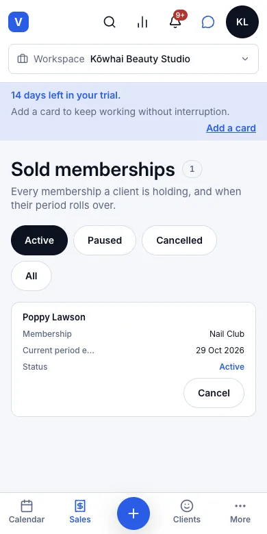 Sell memberships — Result — Poppy Lawson, Nail Club, active until 29 Oct 2026 — Phone