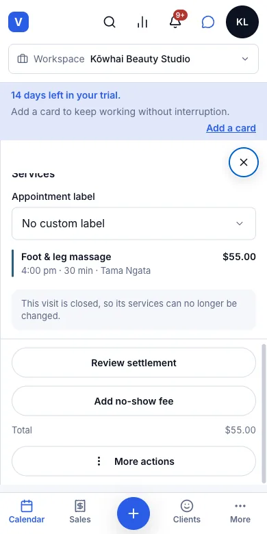 Late-cancellation and no-show fees — A no-show — Add no-show fee — Phone